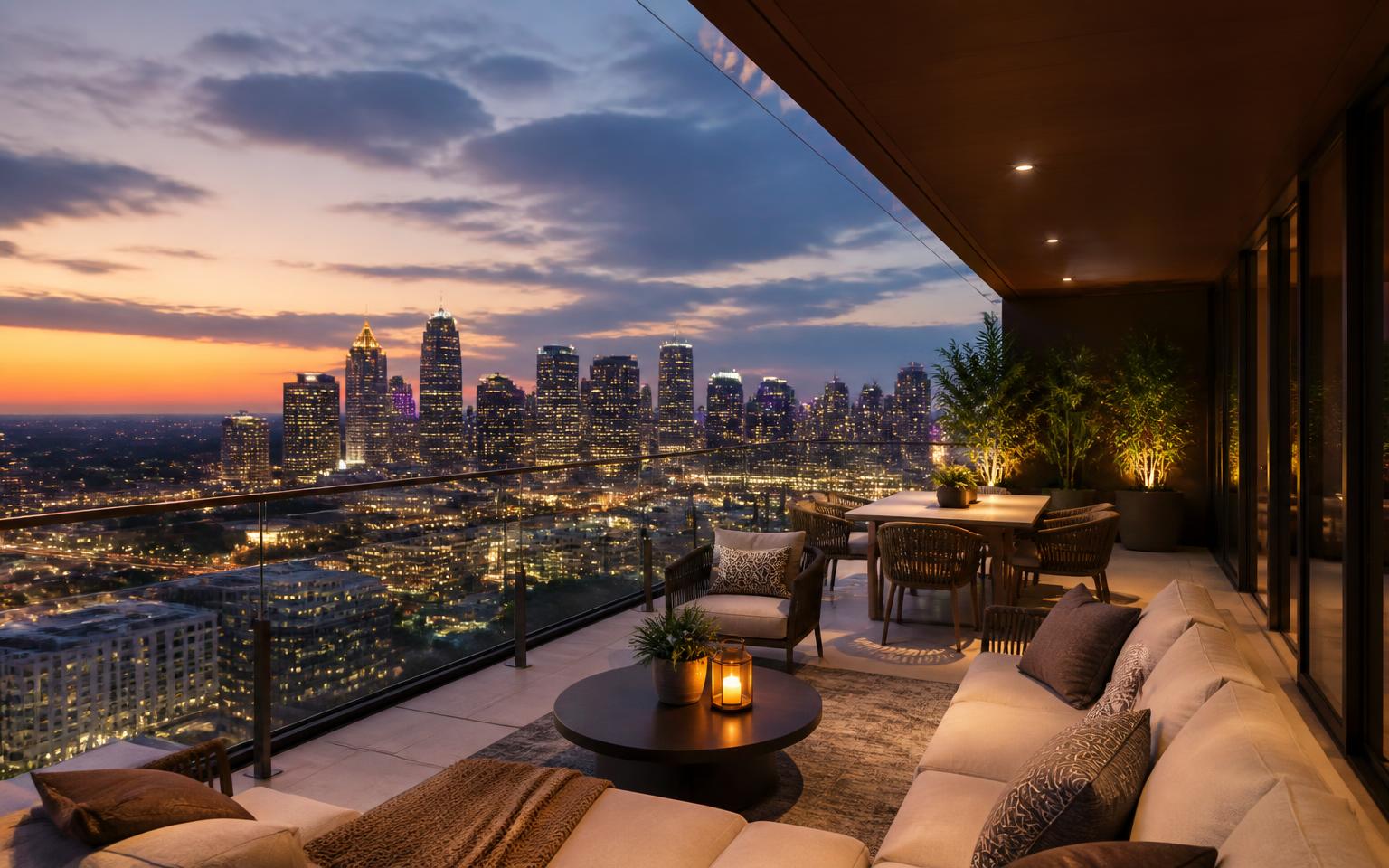 Rental apartment terrace at dusk overlooking a glowing city skyline