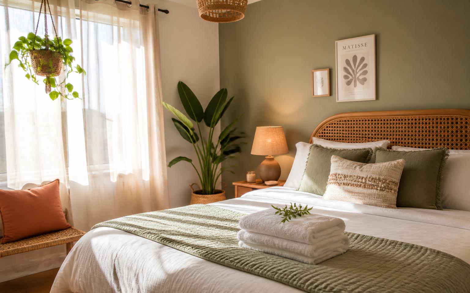 Freshly turned over rental bedroom with folded towels in morning light