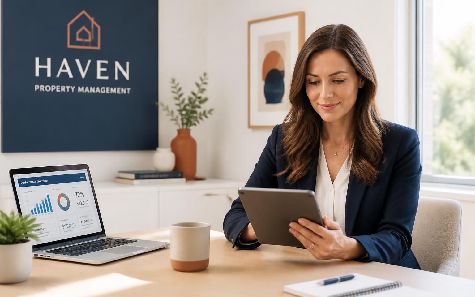Property manager using Reechmi on a tablet in a modern office