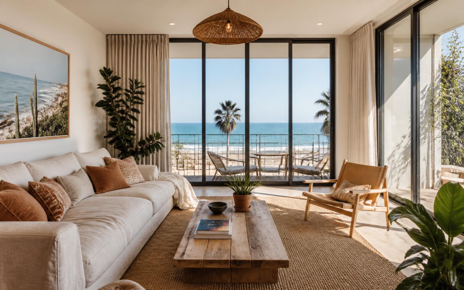 Sunlit coastal short-term rental living room with ocean view